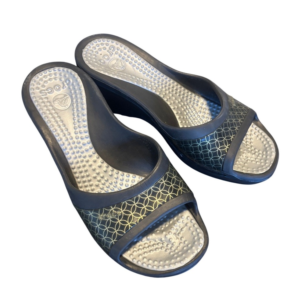 Crocs Wedge Sandals Sassari 7 Black Geometric Pattern Open Toe Slip On